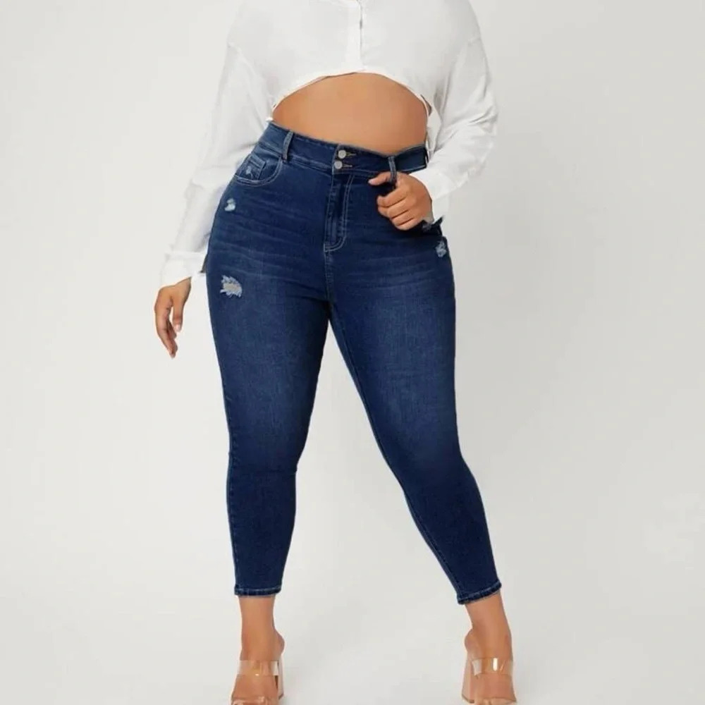 SHEIN Curve High Waist Ripped Skinny Jeans